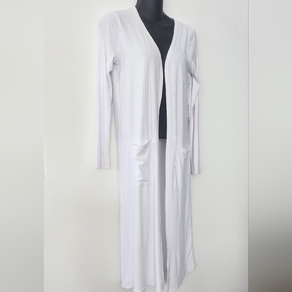 Ellie & kate White Romper Round Neck Sleeveless Ribbed & Long Cardigan W/Pockets - Picture 8 of 8